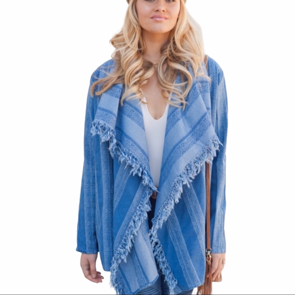 Boutique Military Hippie Blue‎ Denim Open Frayed Cardigan Large XL